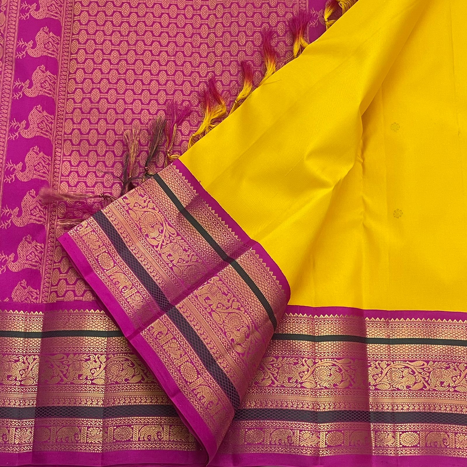 Bright Yellow with Magenta Pink Border Pure Kanchipuram Handloom Bridal Silk Saree